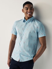 Light Blue Flamingo Regular Fit 100% Cotton Printed Short Sleeve Shirt - Image 1 of 7