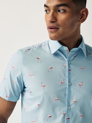 Light Blue Flamingo Regular Fit 100% Cotton Printed Short Sleeve Shirt - Image 4 of 7