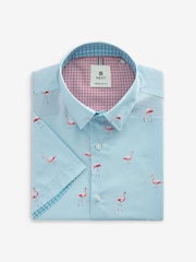 Light Blue Flamingo Regular Fit 100% Cotton Printed Short Sleeve Shirt - Image 5 of 7