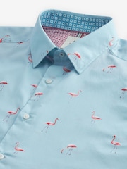 Light Blue Flamingo Regular Fit 100% Cotton Printed Short Sleeve Shirt - Image 6 of 7
