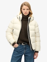 Superdry Off White Hooded Sports Puffer Jacket - Image 1 of 8