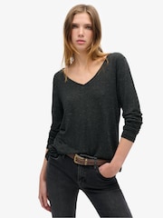 Superdry Black Metallic Long Sleeve V-Neck Jersey Top - Image 1 of 4
