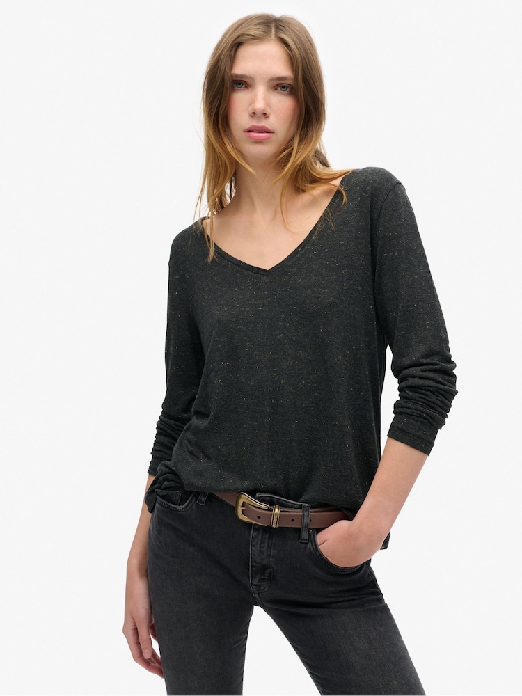 Superdry Black Metallic Long Sleeve V-Neck Jersey Top - Image 1 of 4
