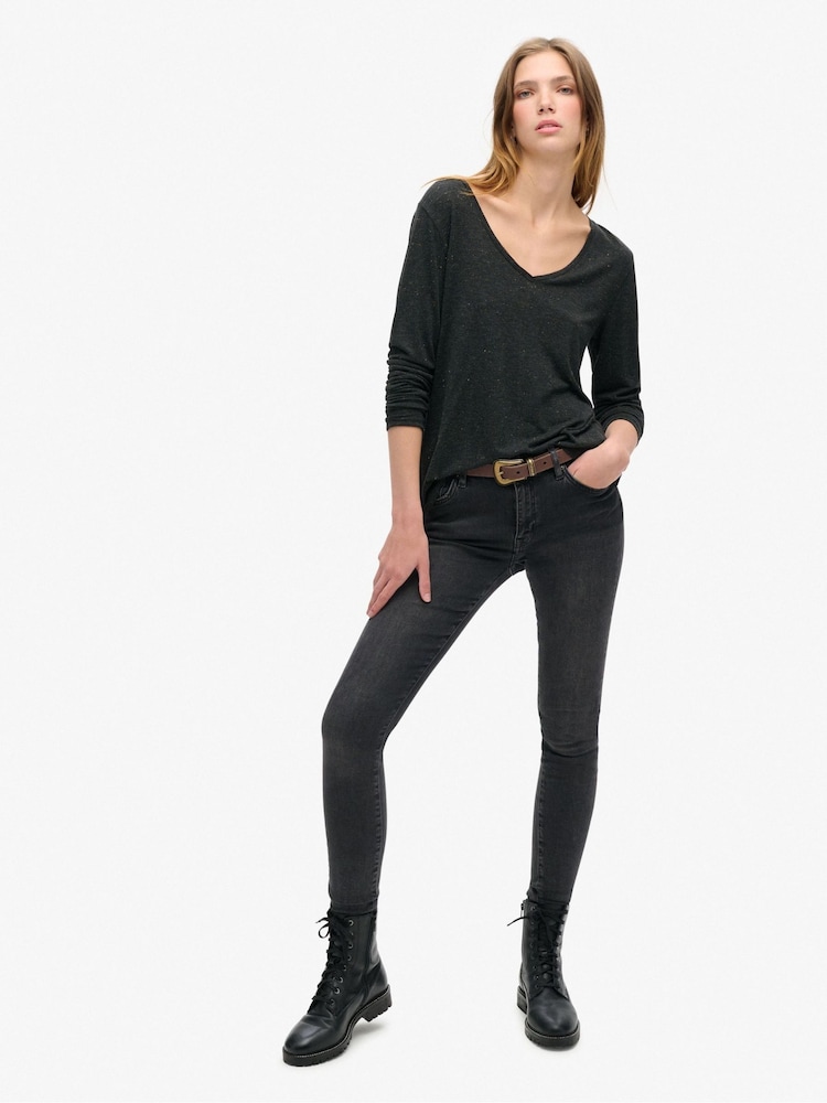 Superdry Black Metallic Long Sleeve V-Neck Jersey Top - Image 2 of 4