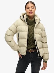 Superdry Pelican Beige Hooded Sports Puffer Jacket - Image 1 of 8