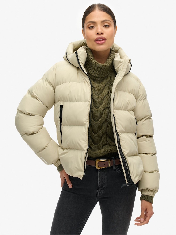 Superdry Pelican Beige Hooded Sports Puffer Jacket - Image 1 of 8