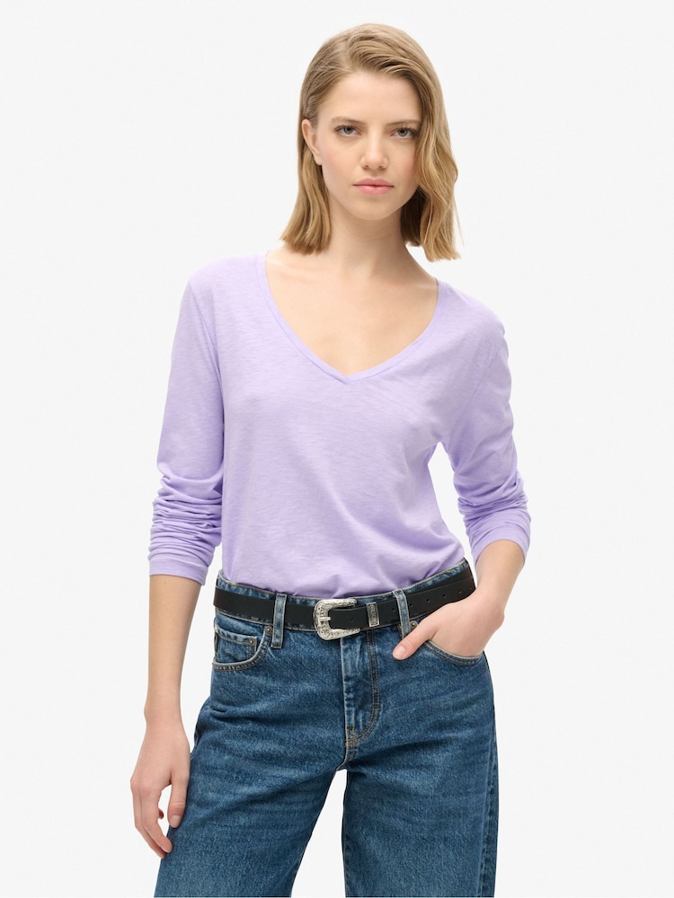 Superdry Light Lavender Purple Long Sleeve V-Neck Jersey Top - Image 1 of 6
