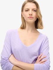 Superdry Light Lavender Purple Long Sleeve V-Neck Jersey Top - Image 4 of 6
