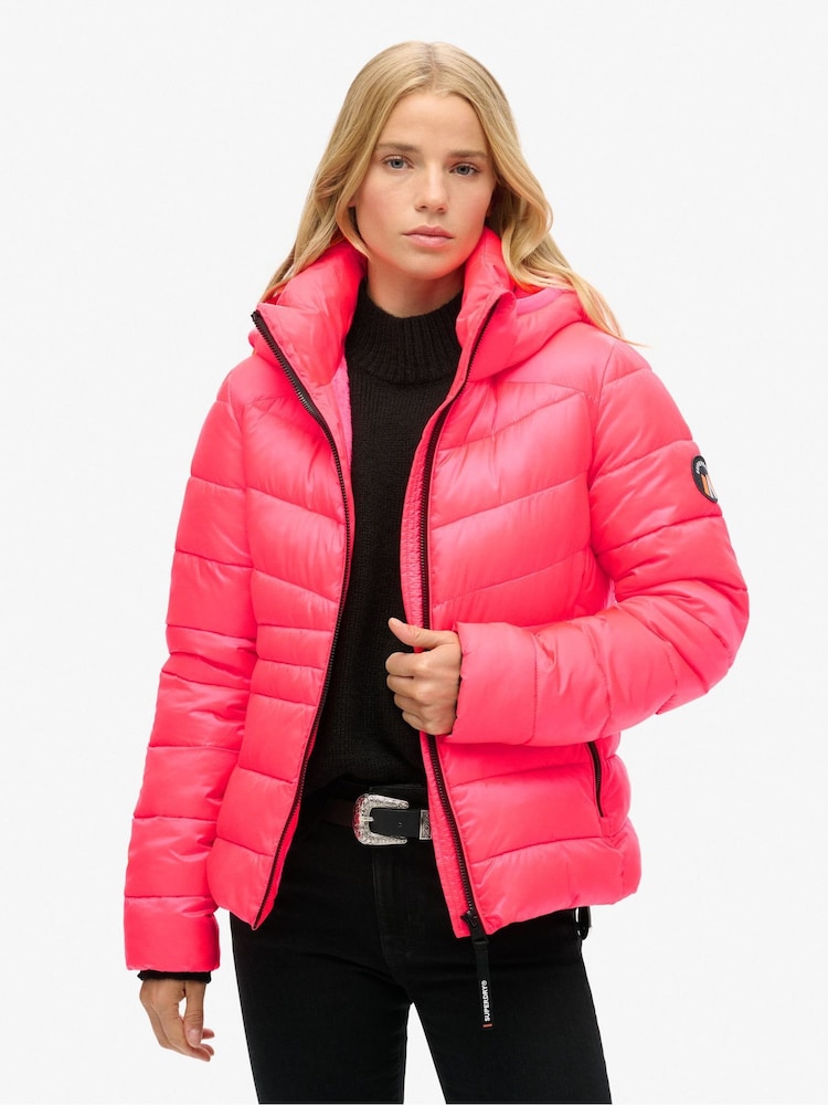 Superdry Hyper Fire Pink Hooded Fuji Quilt Padded Jacket - Image 1 of 6