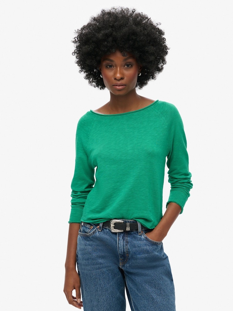 Superdry Drop Kick Green Long Sleeve 100% Cotton French Terry Top - Image 1 of 4