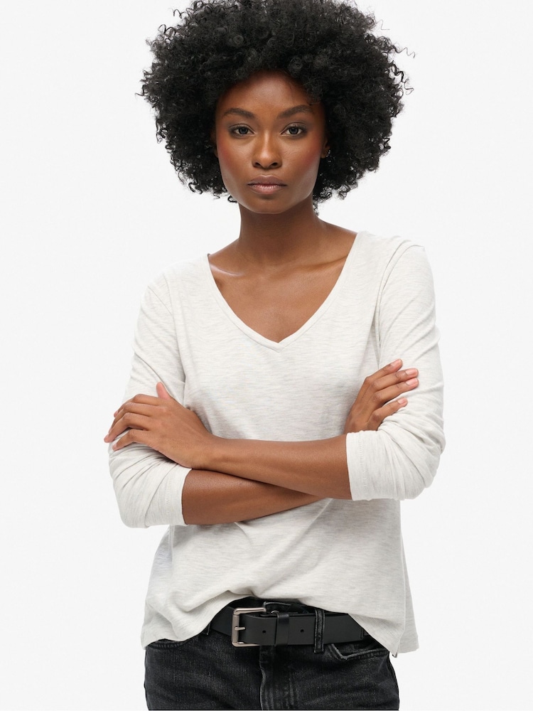 Superdry Starlight Grey Marl Long Sleeve V-Neck Jersey Top - Image 1 of 5