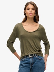 Superdry Khaki Metallic Long Sleeve V-Neck Jersey Top - Image 1 of 5
