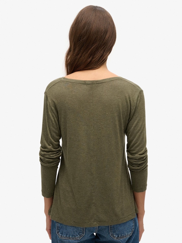 Superdry Khaki Metallic Long Sleeve V-Neck Jersey Top - Image 2 of 5