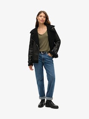 Superdry Khaki Metallic Long Sleeve V-Neck Jersey Top - Image 3 of 5