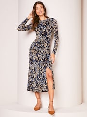 Lipsy Navy Blue Printed Ruched Midaxi Dress - Image 1 of 4