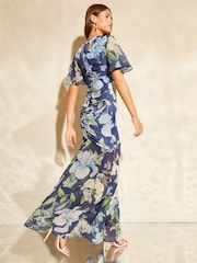 Lipsy Navy Blue Floral Flutter Sleeve V Neck Mesh Mix Summer Maxi Dress - Image 2 of 4