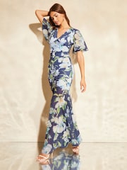 Lipsy Navy Blue Floral Flutter Sleeve V Neck Mesh Mix Summer Maxi Dress - Image 3 of 4
