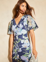 Lipsy Navy Blue Floral Flutter Sleeve V Neck Mesh Mix Summer Maxi Dress - Image 4 of 4