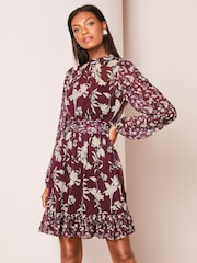 Lipsy Berry Red High Neck Floral Chiffon Shift Mini Dress - Image 1 of 4