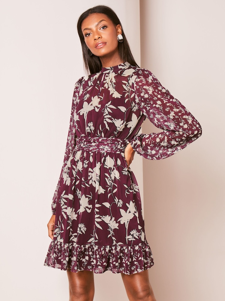 Lipsy Berry Red High Neck Floral Chiffon Shift Mini Dress - Image 1 of 4 Lipsy Berry Red High Neck Floral Chiffon Shift Mini Dress - Image 1 of 4