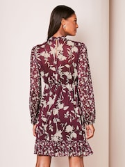 Lipsy Berry Red High Neck Floral Chiffon Shift Mini Dress - Image 2 of 4