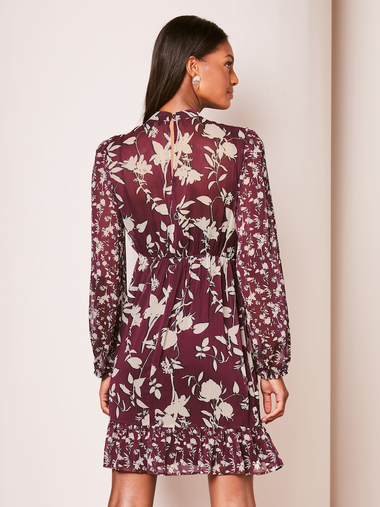 Lipsy Berry Red High Neck Floral Chiffon Shift Mini Dress - Image 2 of 4