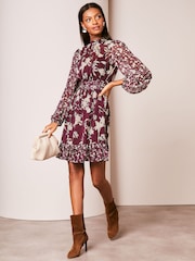 Lipsy Berry Red High Neck Floral Chiffon Shift Mini Dress - Image 3 of 4
