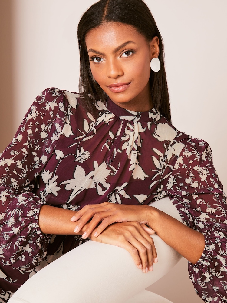 Lipsy Berry Red High Neck Floral Chiffon Shift Mini Dress - Image 4 of 4