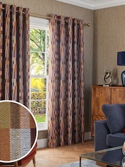 Rust Orange/Navy Blue Jacquard Blocks Lined Eyelet Curtains - Image 1 of 6