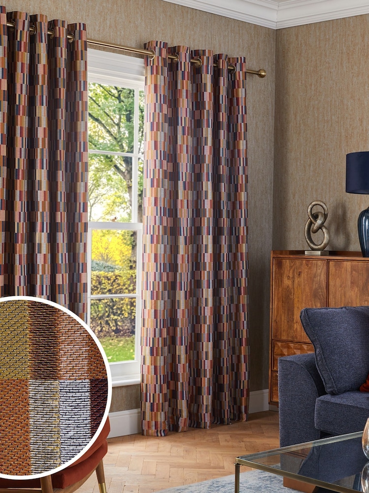Rust Orange/Navy Blue Jacquard Blocks Lined Eyelet Curtains - Image 1 of 6