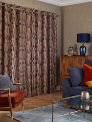 Rust Orange/Navy Blue Jacquard Blocks Lined Eyelet Curtains - Image 2 of 6