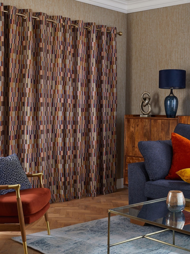 Rust Orange/Navy Blue Jacquard Blocks Lined Eyelet Curtains - Image 2 of 6