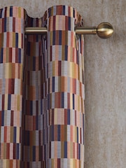 Rust Orange/Navy Blue Jacquard Blocks Lined Eyelet Curtains - Image 4 of 6