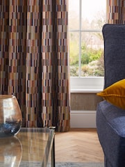 Rust Orange/Navy Blue Jacquard Blocks Lined Eyelet Curtains - Image 5 of 6