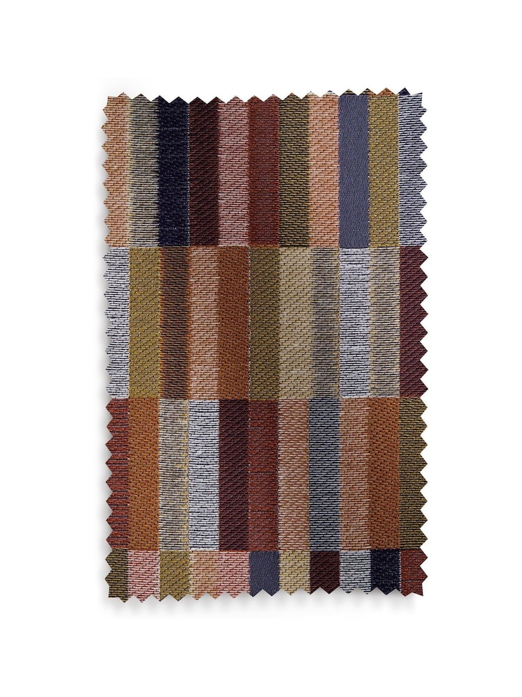 Rust Orange/Navy Blue Jacquard Blocks Lined Eyelet Curtains - Image 6 of 6