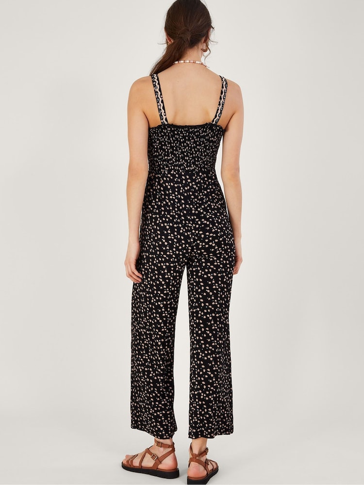 Monsoon Black Dot Print Shirred Jumpsuit in Lenzing™ EcoVero™ - Image 2 of 5