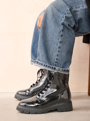 Black Textured Patent Extra Wide Fit Forever Comfort® Lace-Up Boots - Image 1 of 7