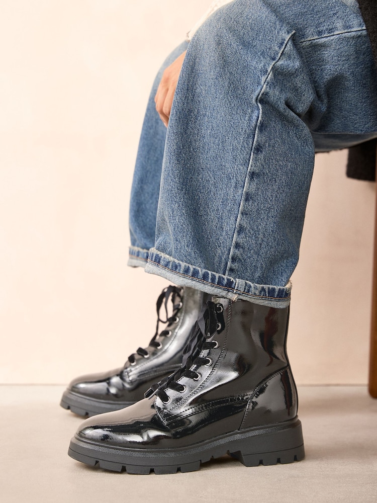 Black Textured Patent Extra Wide Fit Forever Comfort® Lace-Up Boots - Image 1 of 7