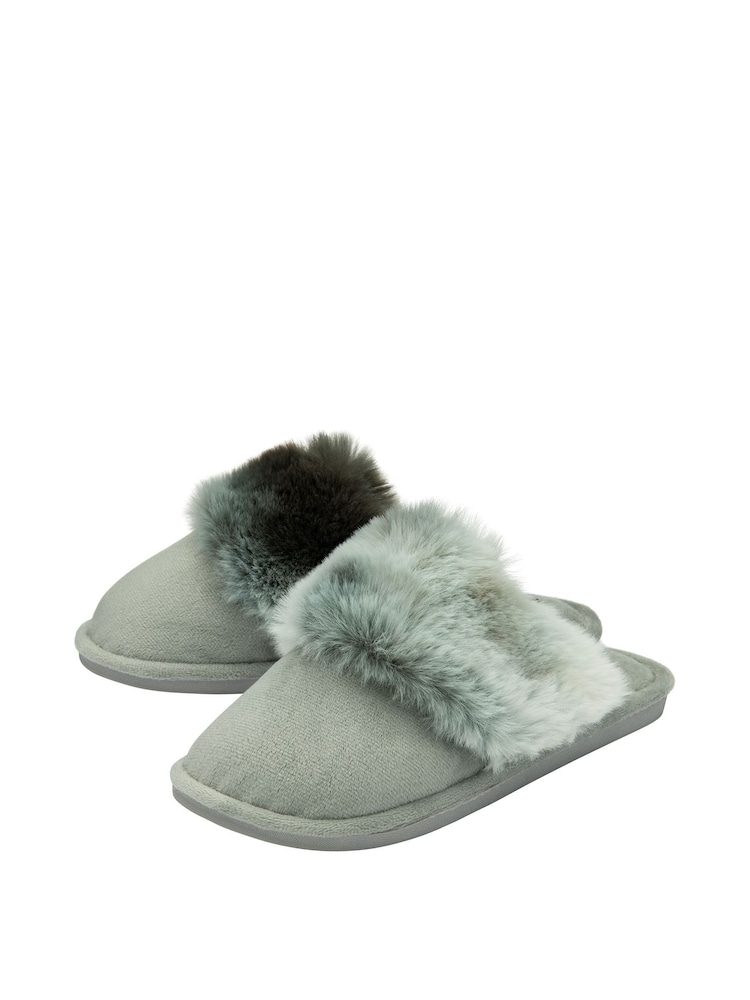 Dunlop Green Ladies Closed Toe Faux Fur Mule Slippers - Image 2 of 4