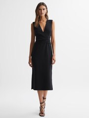 Reiss Black Jayla Fitted Wrap Design Midi Dress - Image 3 of 4