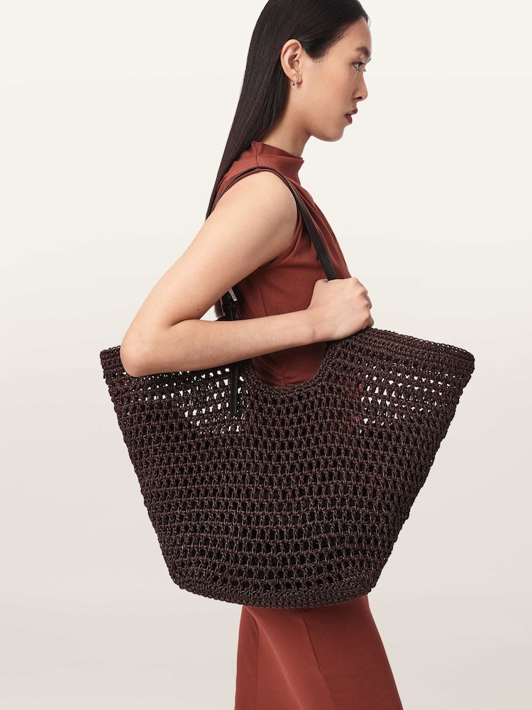 AllSaints Red Ara Cotton Knit East/West Tote Bag - Image 1 of 7 AllSaints Red Ara Cotton Knit East/West Tote Bag - Image 1 of 7
