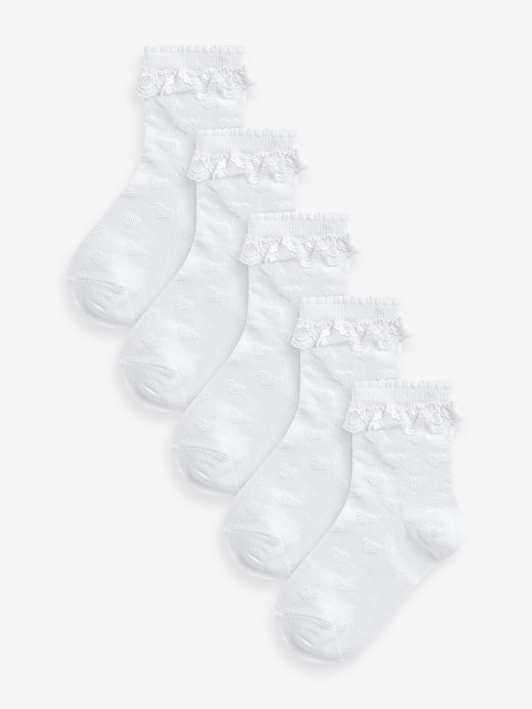 White 5 Pack Cotton Rich Heart Texture Ruffle Ankle Socks - Image 1 of 3