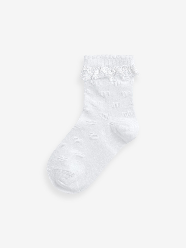 White 5 Pack Cotton Rich Heart Texture Ruffle Ankle Socks - Image 2 of 3