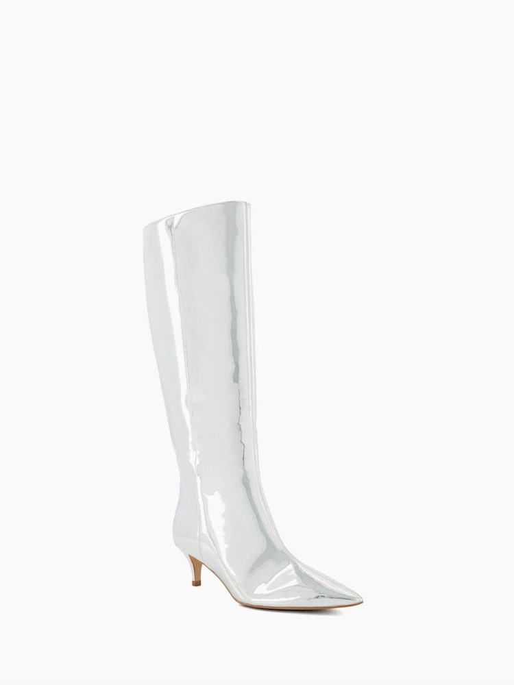 Dune London Silver Smooth Kitten Heel Point Knee-High Boots - Image 1 of 5