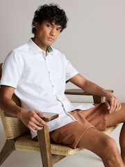 White Slim Fit Trimmed Linen Blend Short Sleeve Shirt - Image 1 of 7