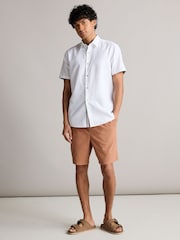 White Slim Fit Trimmed Linen Blend Short Sleeve Shirt - Image 2 of 7
