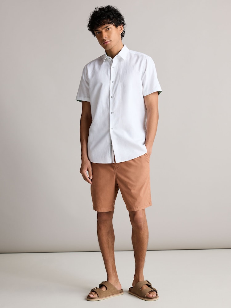 White Slim Fit Trimmed Linen Blend Short Sleeve Shirt - Image 2 of 7