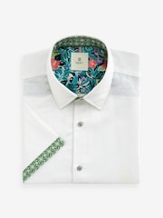White Slim Fit Trimmed Linen Blend Short Sleeve Shirt - Image 5 of 7