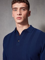 Navy Blue Regular Fit 100% Cotton Knitted Textured Stripe Polo Shirt - Image 1 of 7