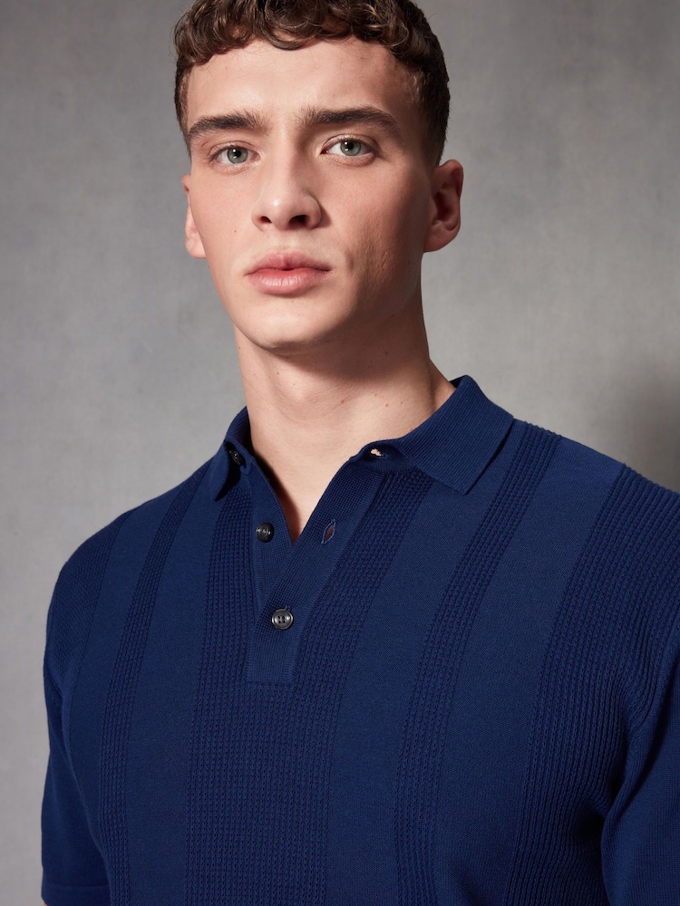 Navy Blue Regular Fit 100% Cotton Knitted Textured Stripe Polo Shirt - Image 1 of 7 Navy Blue Regular Fit 100% Cotton Knitted Textured Stripe Polo Shirt - Image 1 of 7